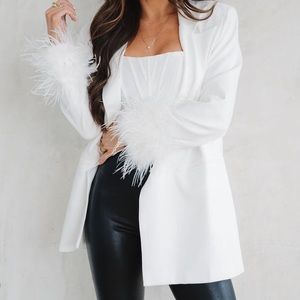 Feather Sleeve Blazer Jacket- White